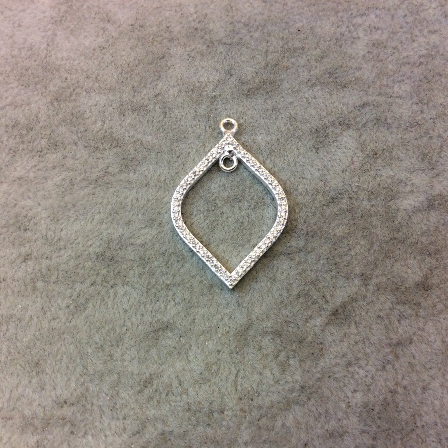 Medium Bright Silver Plated CZ Cubic Zirconia Inlaid Fat Open Marquise Shaped Copper Focal Pendant - Measuring 21mm x 29mm, Approximately