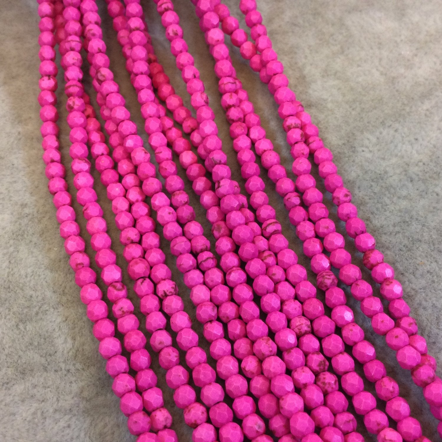 4mm Faceted Dyed Bright Pink Howlite Round/Ball Shape Beads - Sold by 15.75" Strands (Approx. 106 Beads) - Natural Semi-Precious Gemstone
