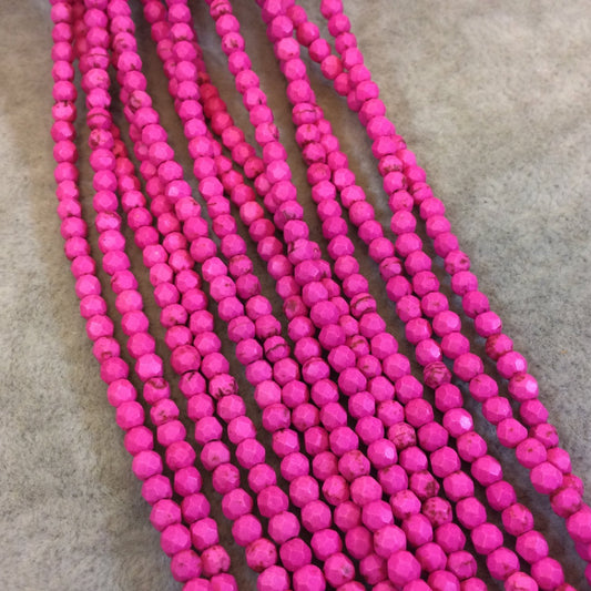 4mm Faceted Dyed Bright Pink Howlite Round/Ball Shape Beads - Sold by 15.75" Strands (Approx. 106 Beads) - Natural Semi-Precious Gemstone
