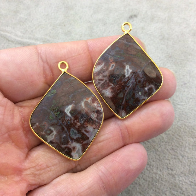One Pair of OOAK Gold Plated Faceted Crazy Lace Agate Freeform Shaped Bezel Pendants "ACP1"- Measuring 28mm x 34mm, Approx. - Gemstone