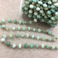 Gold Plated Copper Wrapped Rosary Chain with 7-8mm Faceted Natural Amazonite Rondelle Shaped Beads (CH351-GD) - Sold by 1' Cut Sections!
