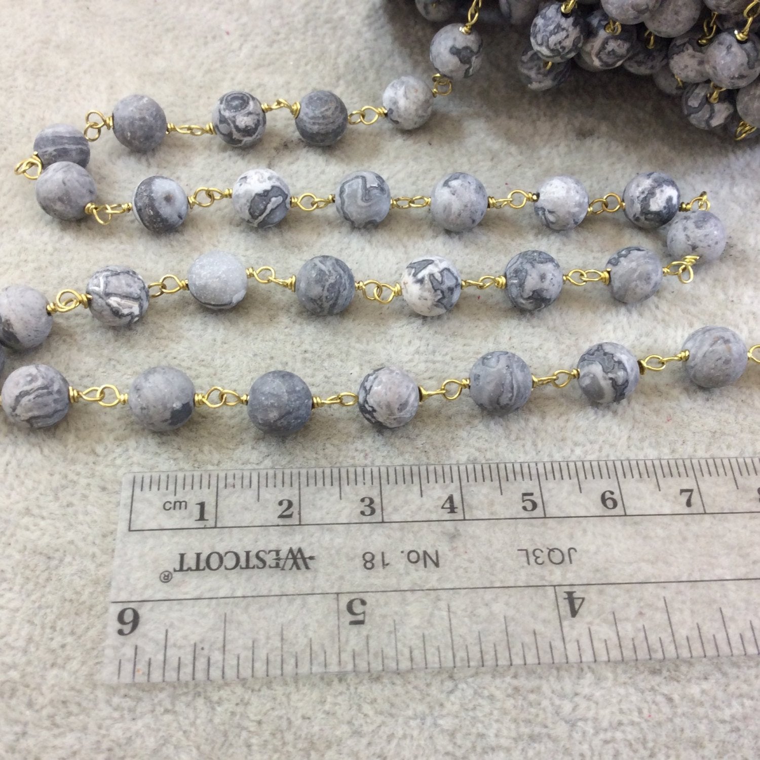Gold Plated Copper Wrapped Rosary Chain with 8mm Smooth Natural Matte Leopard Jasper Round Shape Beads - Sold by 1' Cut Sections or in Bulk!