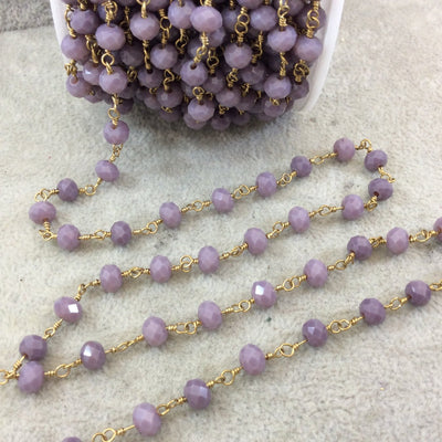 Gold Plated Copper Wrapped Rosary Chain with 6mm Faceted Faded Purple Glass Crystal Rondelle Beads - Sold by 1' Cut Section or in Bulk!