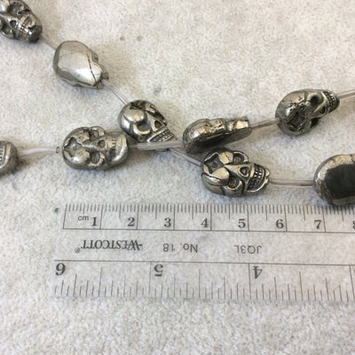 13mm x 18mm Smooth Natural Metallic Pyrite Flattened Skull Shaped Beads with 1mm Holes - 15.25" Strand (Approx. 13 Beads) - Quality Gemstone