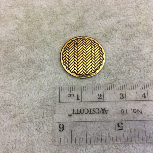 BULK PACK of 1" Gold Plated Detailed Herringbone Embossed Round Copper Medallion Pendants  - Measuring 22mm x 22mm - Sold in Packs of 10