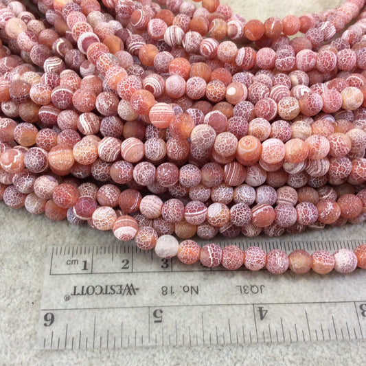 6mm Natural Matte Red/Orange Crackle/Veined Agate Round/Ball Shape Beads with 1mm Holes - 14.5" Strand (Approx. 65 Beads) - Quality Gemstone