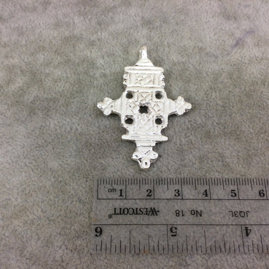2" Bright Silver Ethiopian Cross Shaped (Style A) Plated Brass Pendant with Horizontal Bail - Measuring 37mm x 48mm - Sold Individually