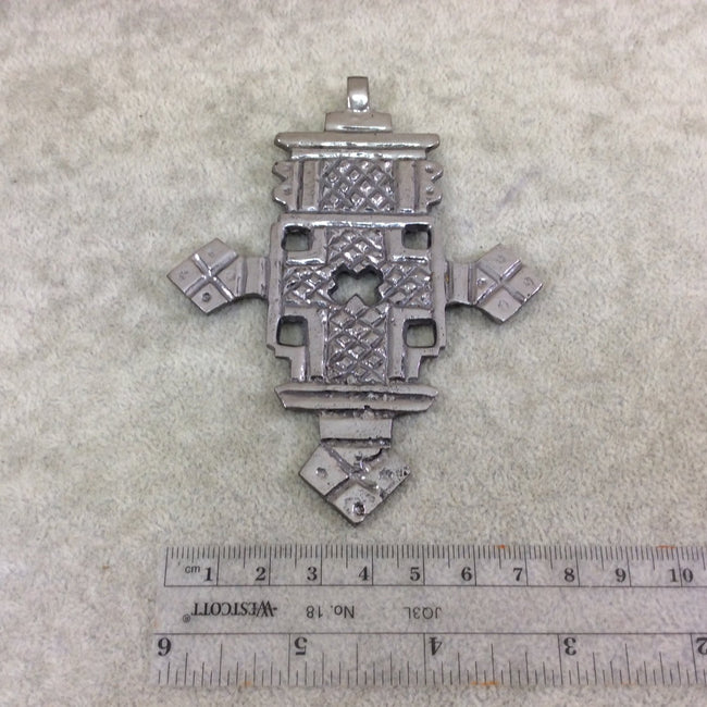 4" Gunmetal Ethiopian Cross Shaped (Style A) Plated Brass Pendant with Horizontal Bail - Measuring 81mm x 108mm - Sold Individually