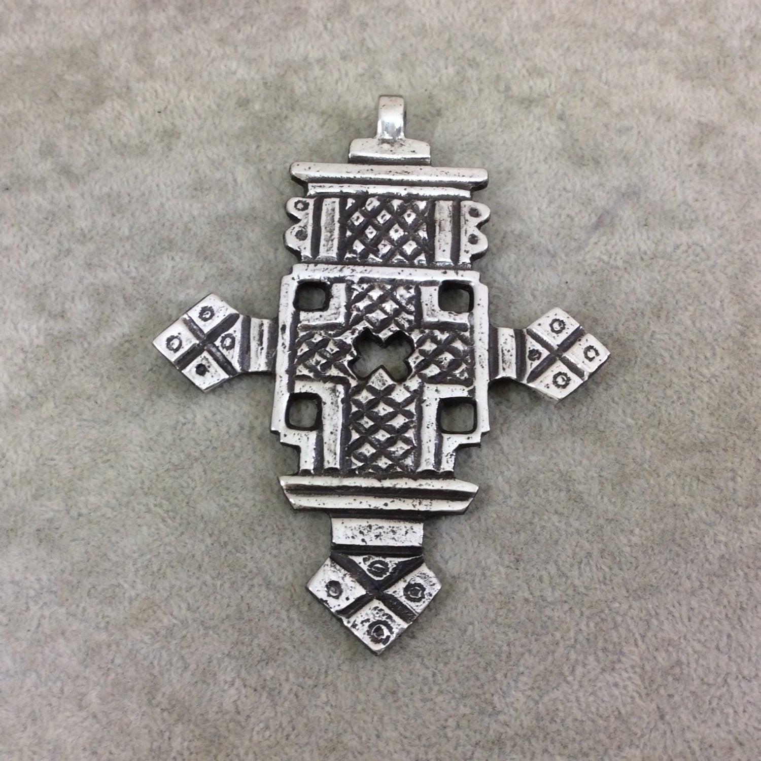 4" Oxidized Silver Ethiopian Cross Shaped (Style A) Plated Lightweight Aluminum Pendant with Bail - Measuring 81mm x 108mm - Sold Individual