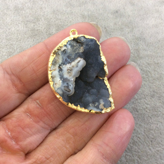 Single OOAK Gold Electroplated Natural Rough Druzy Agate Inverted Tear Shaped Focal Pendant - Measuring 26mm x 37mm - Quality Raw Gemstone