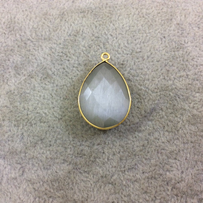 Light Gray Cat's Eye Bezel | Gold Plated Faceted Synthetic (Manmade Glass) Teardrop Shaped Pendant - Measuring 18mm x 24mm