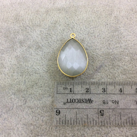 Light Gray Cat's Eye Bezel | Gold Plated Faceted Synthetic (Manmade Glass) Teardrop Shaped Pendant - Measuring 18mm x 24mm