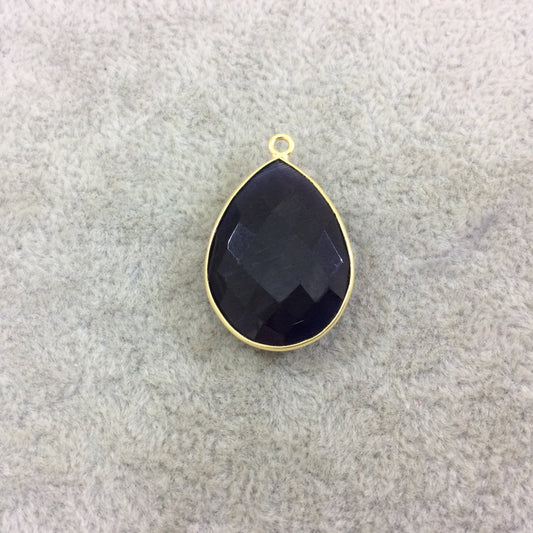 Gold Plated Faceted Synthetic Navy Blue Cat's Eye (Manmade Glass) Teardrop Shaped Bezel Pendant - Measuring 18mm x 24mm - Sold Individual