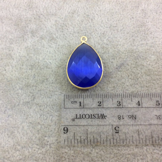 Gold Plated Faceted Synthetic Cobalt Blue Cat's Eye (Manmade Glass) Teardrop Shaped Bezel Pendant - Measuring 18mm x 24mm - Sold Individual