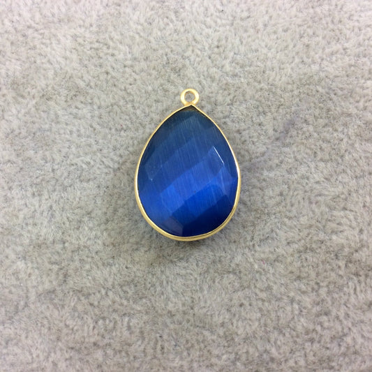 Denim Blue Cat's Eye Bezel | Gold Plated Faceted Synthetic (Manmade Glass) Teardrop Shaped Pendant - Measuring 18mm x 24mm - Sold Individual