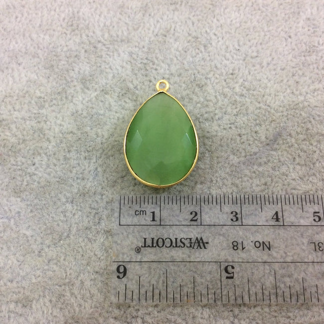 Gold Plated Faceted Synthetic Light Green Cat's Eye (Manmade Glass) Teardrop Shaped Bezel Pendant - Measuring 18mm x 24mm - Sold Individual