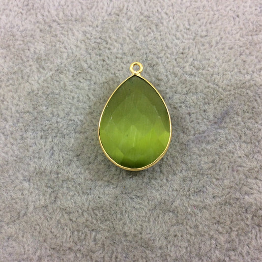 Yellow Green Cat's Eye Bezel | Gold Plated Faceted Synthetic (Manmade Glass) Teardrop Shaped Pendant - Measuring 18mm x 24mm