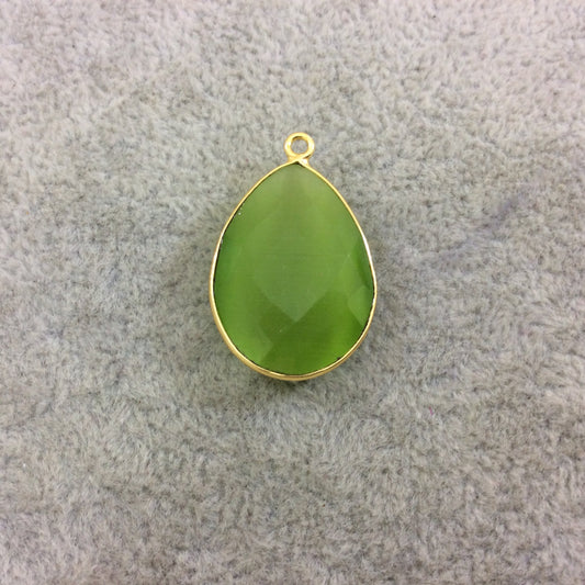 Lime Green Cat's Eye Bezel | Gold Plated Faceted Synthetic (Manmade Glass) Teardrop Shaped Pendant - Measuring 18mm x 24mm - Sold Individual