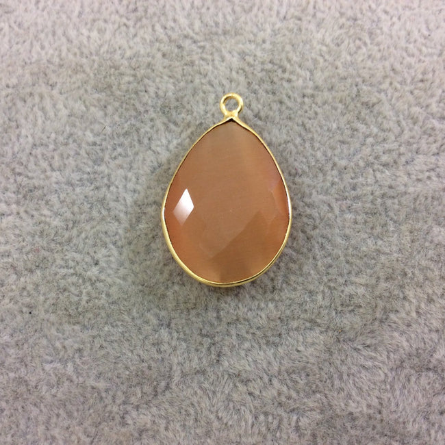 Gold Plated Faceted Synthetic Apricot Orange Cat's Eye (Manmade Glass) Teardrop Shape Bezel Pendant - Measures 18mm x 24mm - Sold Individual