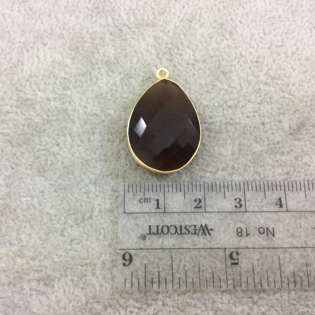 Gold Plated Faceted Synthetic Chocolate Cat's Eye (Manmade Glass) Teardrop Shaped Bezel Pendant - Measuring 18mm x 24mm - Sold Individual