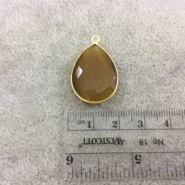 Caramel Brown Cat's Eye Bezel | Gold Plated Faceted Synthetic (Manmade Glass) Teardrop Shape Pendant - Measuring 18mm x 24mm