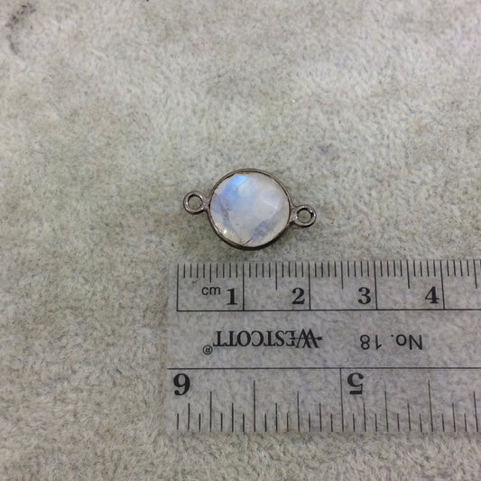Gunmetal Plated Faceted Natural Iridescent Moonstone Round/Coin Shaped Bezel Connector - Measuring 12mm x 12mm - Sold Individually
