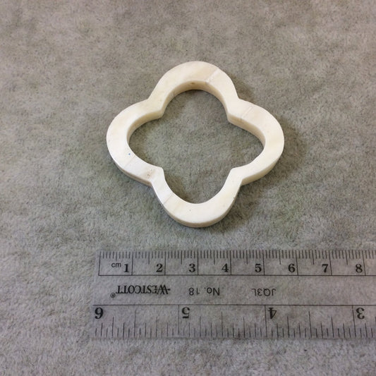 2.25" White/Ivory Open Quatrefoil/Clover Shaped Natural Ox Bone Focal Bead with Two Holes - Measuring 57mm x 57mm, Approx. - (TR225WHQFB)