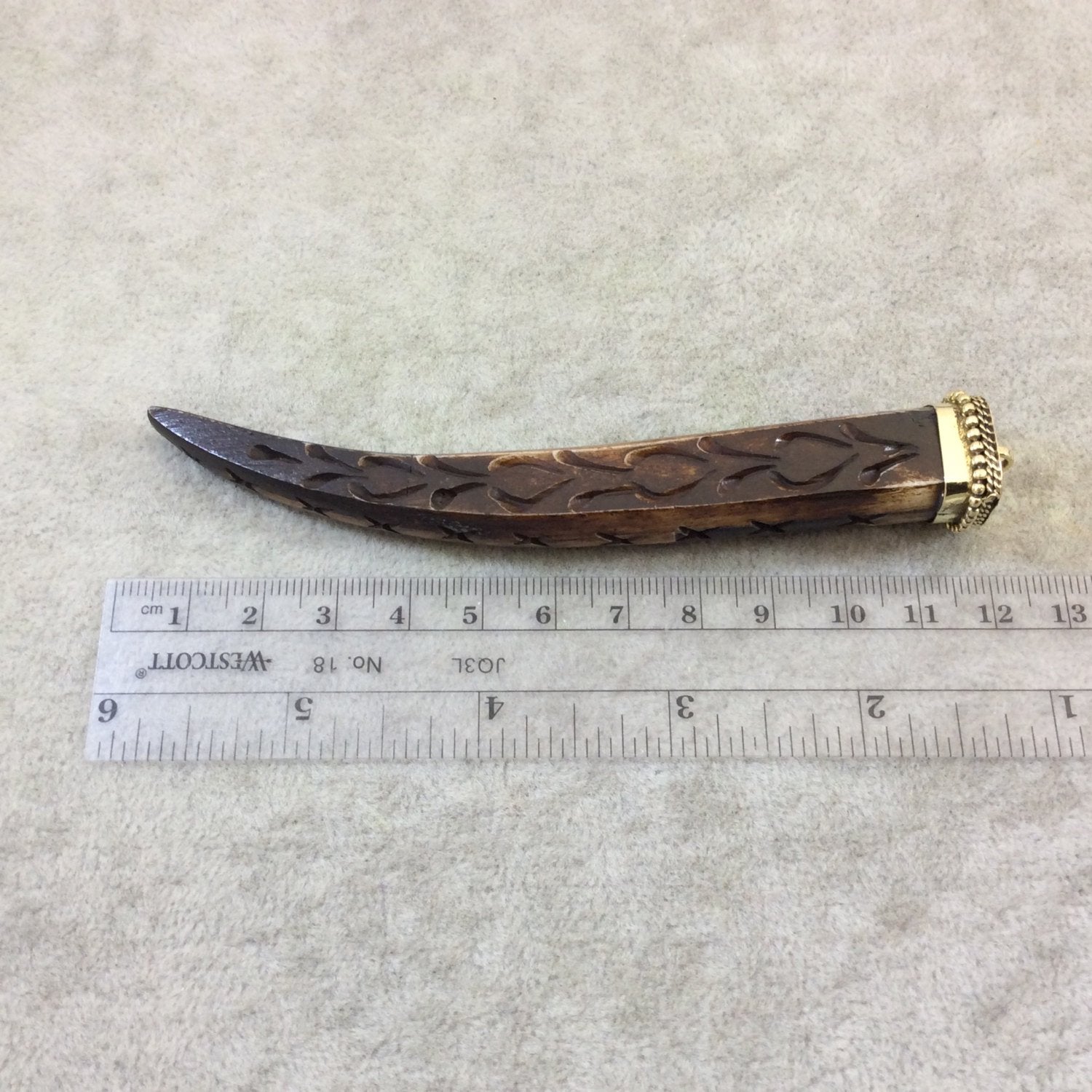SALE - 4.5" Dark Brown Squared Tusk/Claw Shaped Natural Ox Bone Pendant with Wavy Slashes and Gold Cap - Measuring 18mm x 105mm