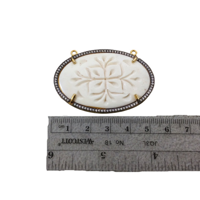 1.5" Pave Cubic Zirconia Encrusted White/Ivory Natural Ox Bone Floral Carved Oval Shaped Pendant - Measuring 54mm x 37mm - Sold Individually
