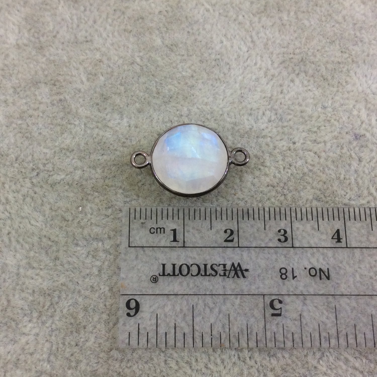 Gunmetal Plated Faceted Natural Iridescent Moonstone Round/Coin Shaped Bezel Connector - Measuring 14mm x 14mm - Sold Individually