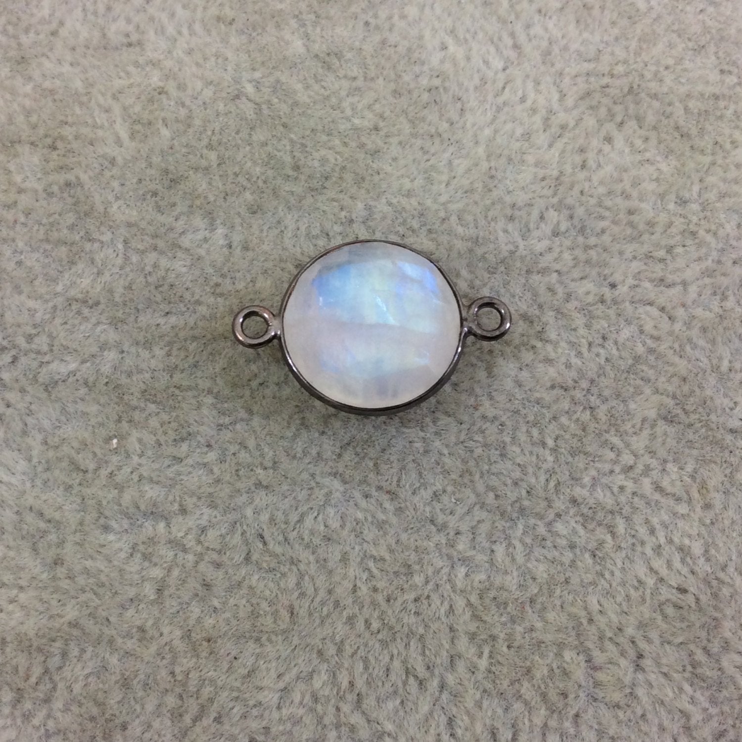Gunmetal Plated Faceted Natural Iridescent Moonstone Round/Coin Shaped Bezel Connector - Measuring 14mm x 14mm - Sold Individually