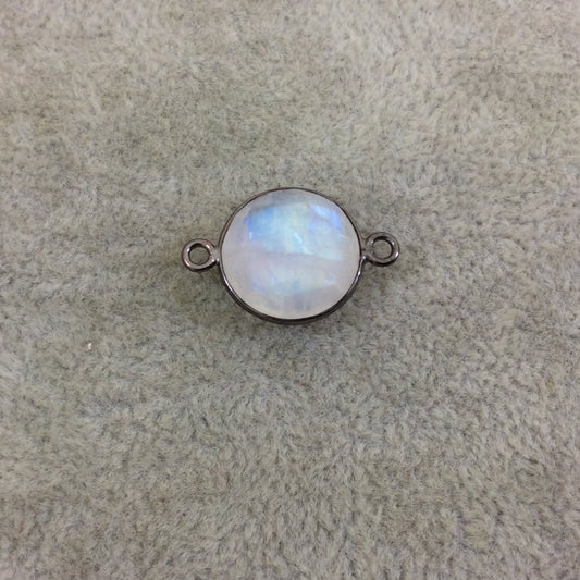 Gunmetal Plated Faceted Natural Iridescent Moonstone Round/Coin Shaped Bezel Connector - Measuring 14mm x 14mm - Sold Individually