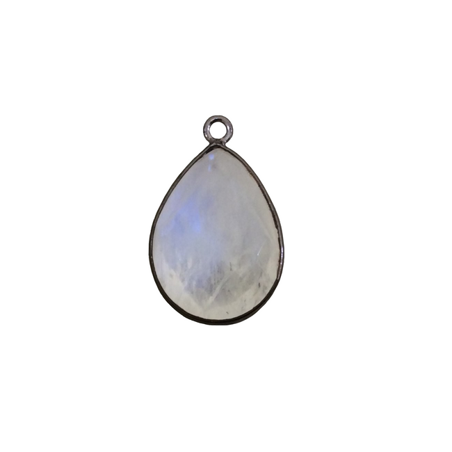 Gunmetal Plated Natural Moonstone Faceted Pear/Teardrop Shaped Copper Bezel Pendant - Measures 15mm x 20mm - Sold Individually, Random