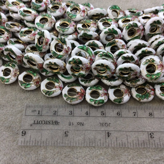 15mm Decorative Floral Multicolor White Donut/Ring Shaped Metal/Enamel Cloisonné Beads - Sold by 15" Strands (Approx. 27 Beads Per Strand)