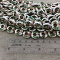 15mm Decorative Floral Multicolor White Donut/Ring Shaped Metal/Enamel Cloisonné Beads - Sold by 15" Strands (Approx. 27 Beads Per Strand)