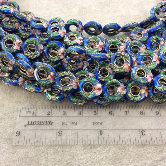 15mm Decorative Floral Medium Blue Donut/Ring Shaped Metal/Enamel Cloisonné Beads - Sold by 15" Strands (Approx. 27 Beads Per Strand)