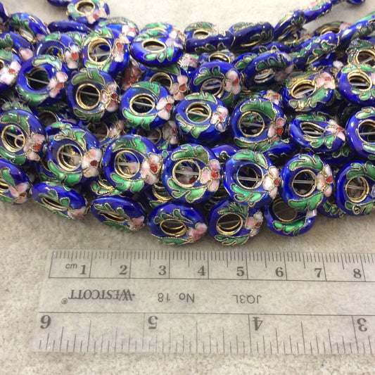 15mm Decorative Floral Cobalt Blue Donut/Ring Shaped Metal/Enamel Cloisonné Beads - Sold by 15" Strands (Approx. 27 Beads Per Strand)