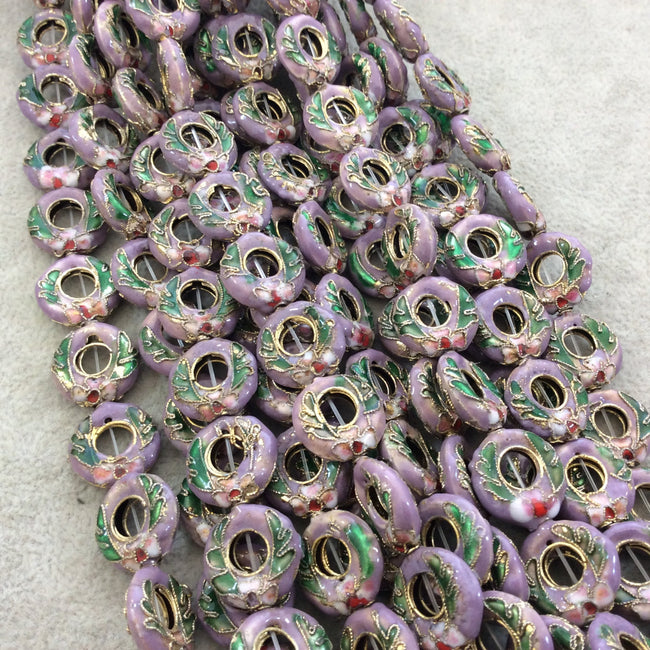 15mm Decorative Floral Light Purple Donut/Ring Shaped Metal/Enamel Cloisonné Beads - Sold by 15" Strands (Approx. 27 Beads Per Strand)
