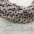 15mm Decorative Floral Light Purple Donut/Ring Shaped Metal/Enamel Cloisonné Beads - Sold by 15" Strands (Approx. 27 Beads Per Strand)