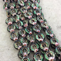 15mm Decorative Floral Multicolor Black Donut/Ring Shaped Metal/Enamel Cloisonné Beads - Sold by 15" Strands (Approx. 27 Beads Per Strand)