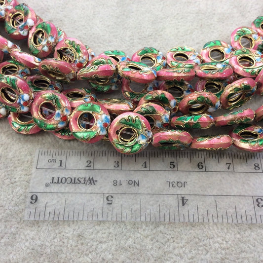 15mm Decorative Floral Multicolor Rose Donut/Ring Shaped Metal/Enamel Cloisonné Beads - Sold by 15" Strands (Approx. 27 Beads Per Strand)