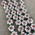 16mm Decorative Floral Multicolor White Puffed Drum Shaped Metal/Enamel Cloisonné Beads - Sold by 15" Strands (Approx. 25 Beads Per Strand)
