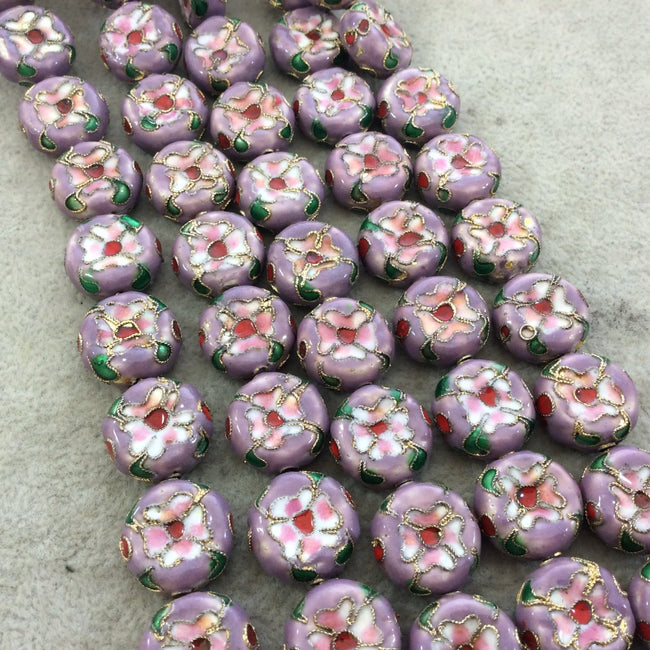 16mm Decorative Floral Light Purple Puffed Drum Shaped Metal/Enamel Cloisonné Beads - Sold by 15" Strands (Approx. 25 Beads Per Strand)