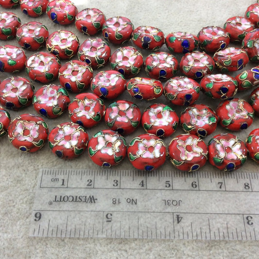 16mm Decorative Floral Multicolor Red Puffed Drum Shaped Metal/Enamel Cloisonné Beads - Sold by 15" Strands (Approx. 25 Beads Per Strand)
