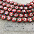 16mm Decorative Floral Multicolor Red Puffed Drum Shaped Metal/Enamel Cloisonné Beads - Sold by 15" Strands (Approx. 25 Beads Per Strand)