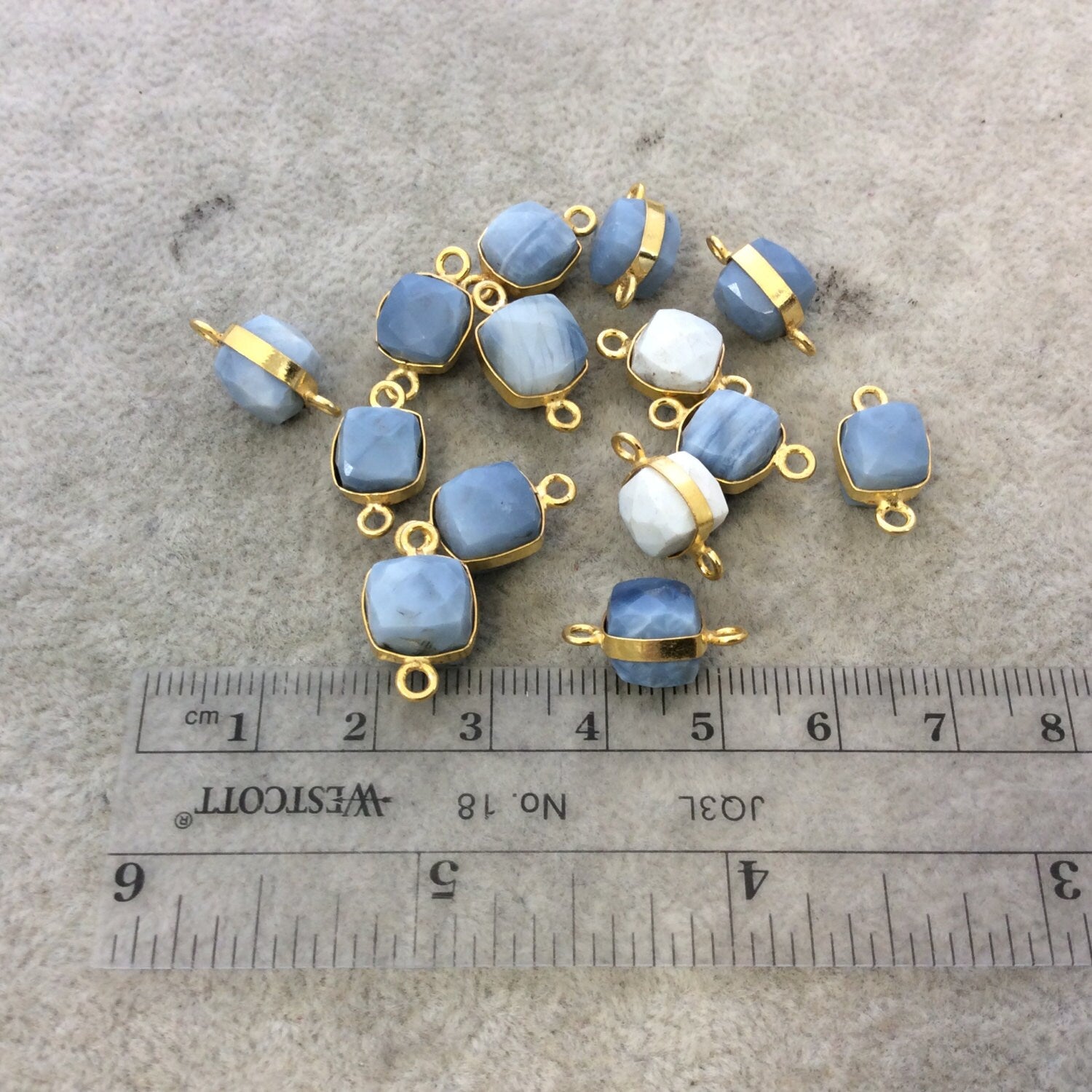 Faceted Blue Opal Cube Shaped Gold Plated Copper Bezel Connector - Measuring 7-8mm - Natural Gemstone - Sold Individually