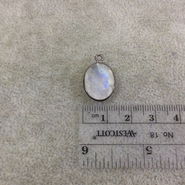 Gunmetal Plated Natural Moonstone Faceted Oblong Oval Shaped Copper Bezel Pendant - Measures 12mm x 16mm - Sold Individually, Random