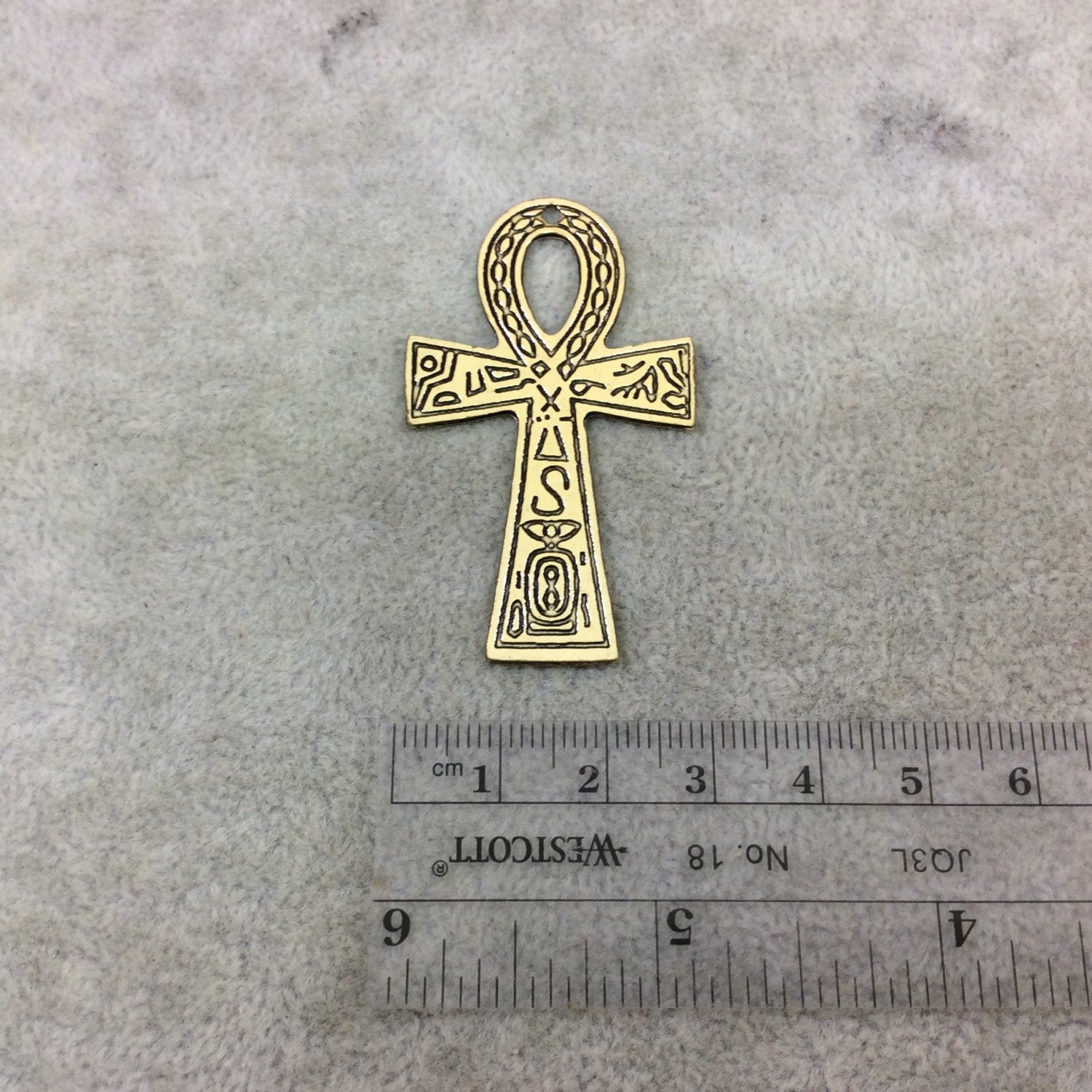 2" Lightweight Oxidized Gold Plated Heiroglyphic Embossed Ankh Shaped Copper Pendant  - Measuring 30mm x 52mm, Approx. - Sold Individually