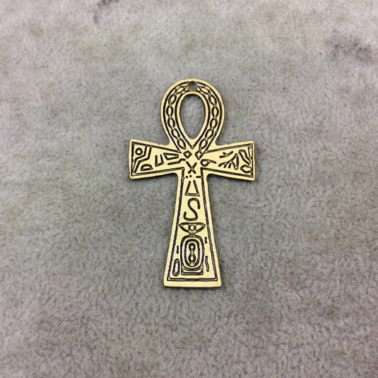 2" Lightweight Oxidized Gold Plated Heiroglyphic Embossed Ankh Shaped Copper Pendant  - Measuring 30mm x 52mm, Approx. - Sold Individually