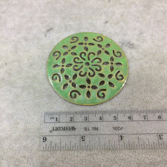 DISC 2.5" Lightweight Lime Gold Plated Green Enamel Coated Mandala Shaped Copper Pendant  - Measuring 62mm x 62mm, Approx.